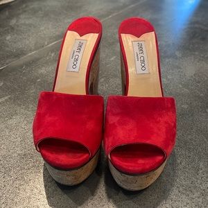 Red suede Jimmy Choo platform cork heel. Size 41